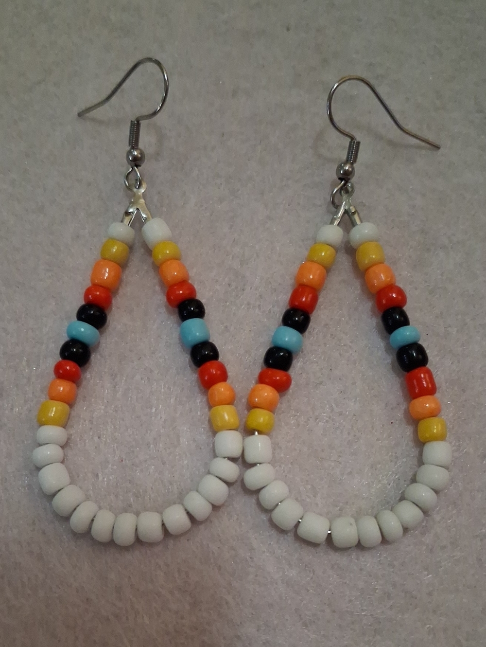 253- Handmade White and Multicolor Seed Bead Teardrop Earrings